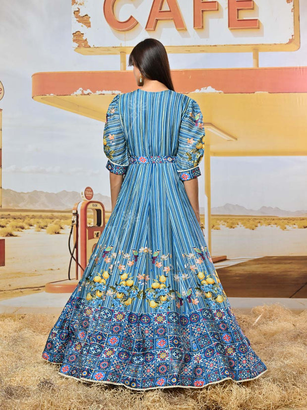 Blue Vasansi Silk Printed Anarkali Gown
