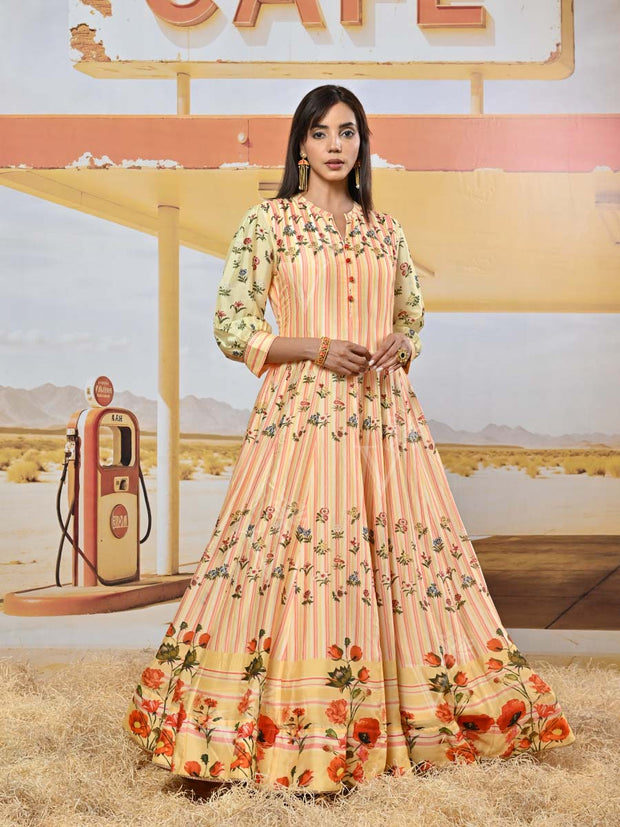 Pastel Vasansi Silk Printed Anarkali Gown