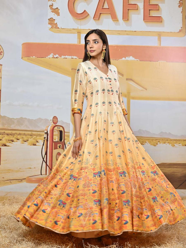 Yellow Ombre Vasansi Silk Printed Anarkali Gown