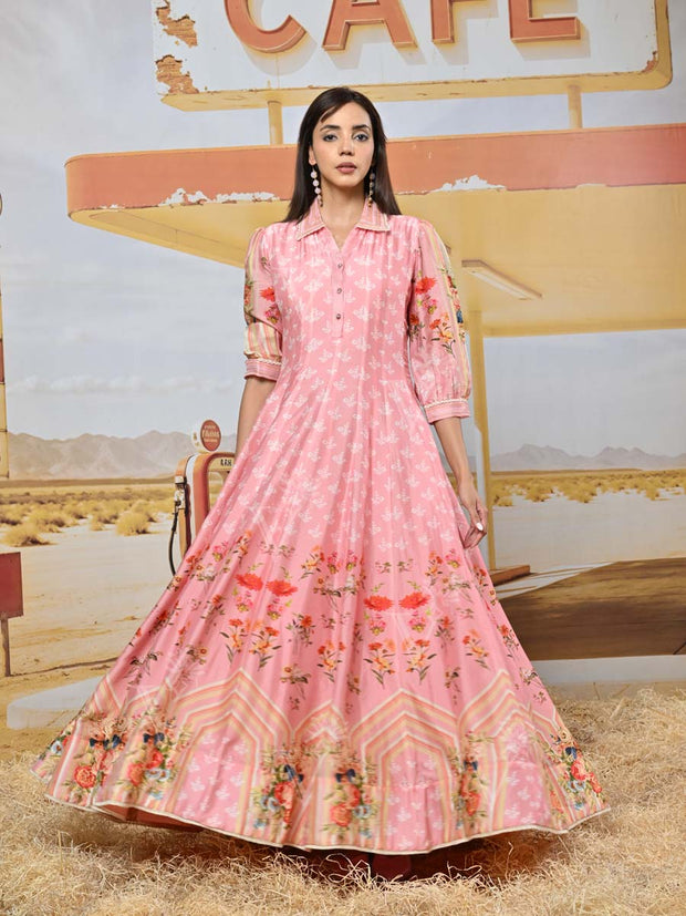 Pink Vasansi Silk Printed Anarkali Gown