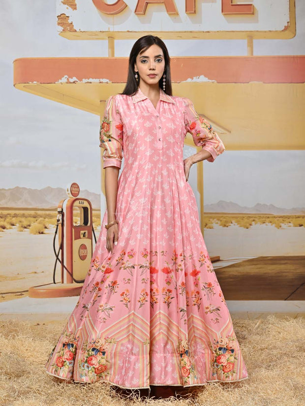 Pink Vasansi Silk Printed Anarkali Gown