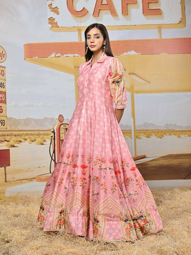 Pink Vasansi Silk Printed Anarkali Gown