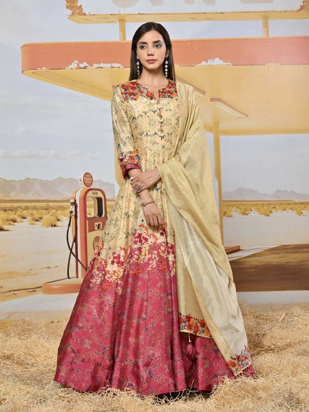 Green and Maroon Vasansi Silk Printed Anarkali Gown