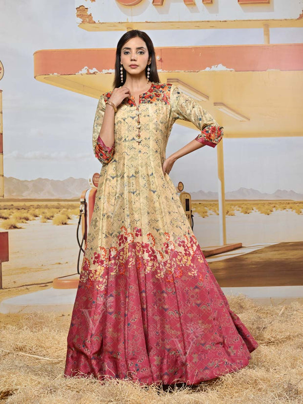Green and Maroon Vasansi Silk Printed Anarkali Gown
