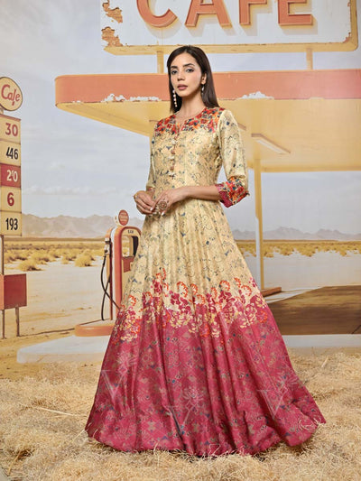 Green and Maroon Vasansi Silk Printed Anarkali Gown