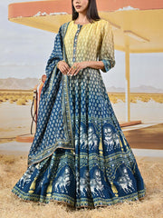 Blue and Yellow Vasansi Silk Printed Anarkali Gown