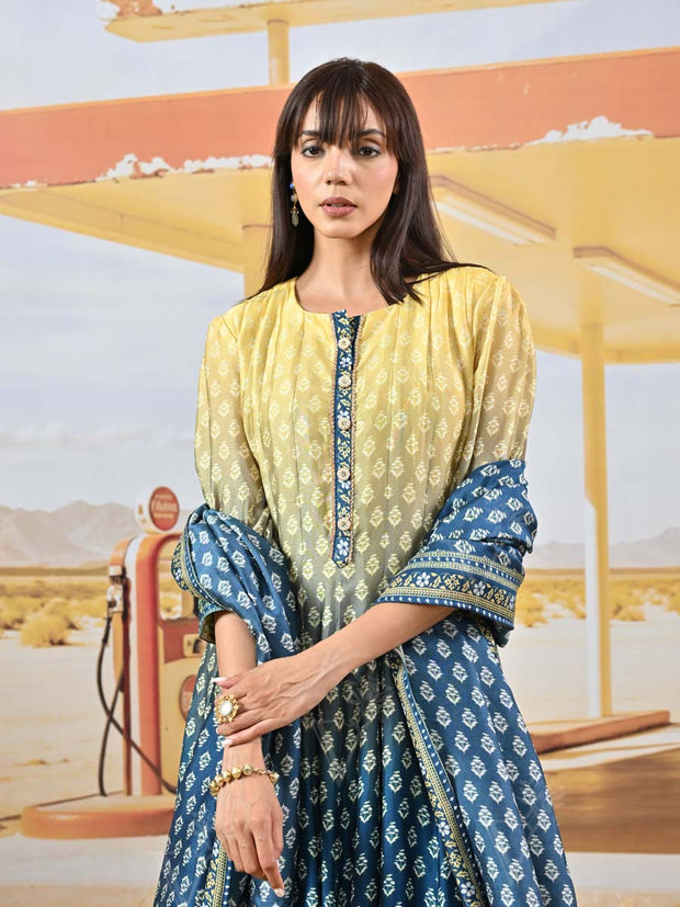 Blue and Yellow Vasansi Silk Printed Anarkali Gown