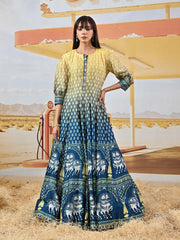 Blue and Yellow Vasansi Silk Printed Anarkali Gown