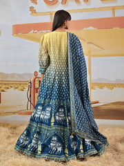 Blue and Yellow Vasansi Silk Printed Anarkali Gown
