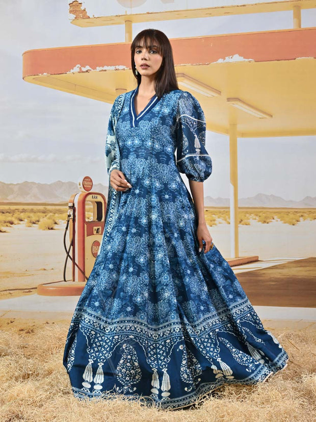 Blue Vasansi Silk Printed Anarkali Gown
