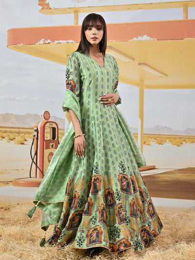 Green Vasansi Silk Printed Anarkali Gown