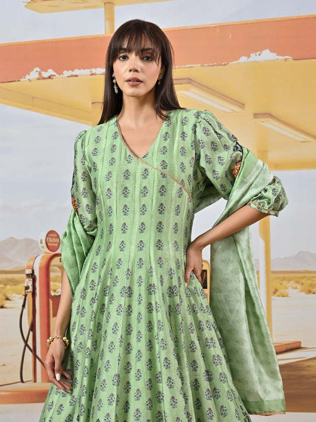 Green Vasansi Silk Printed Anarkali Gown