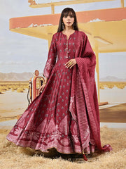 Maroon Vasansi Silk Printed Anarkali Gown