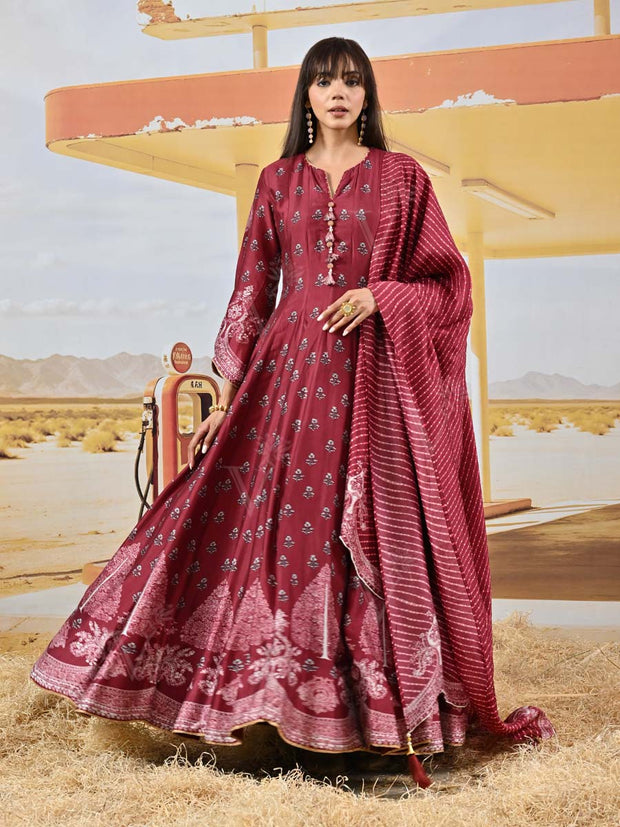 Maroon Vasansi Silk Printed Anarkali Gown
