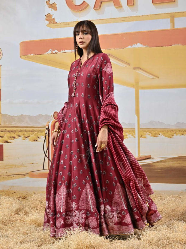 Maroon Vasansi Silk Printed Anarkali Gown