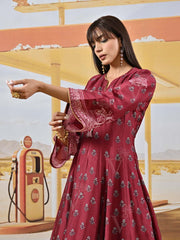 Maroon Vasansi Silk Printed Anarkali Gown
