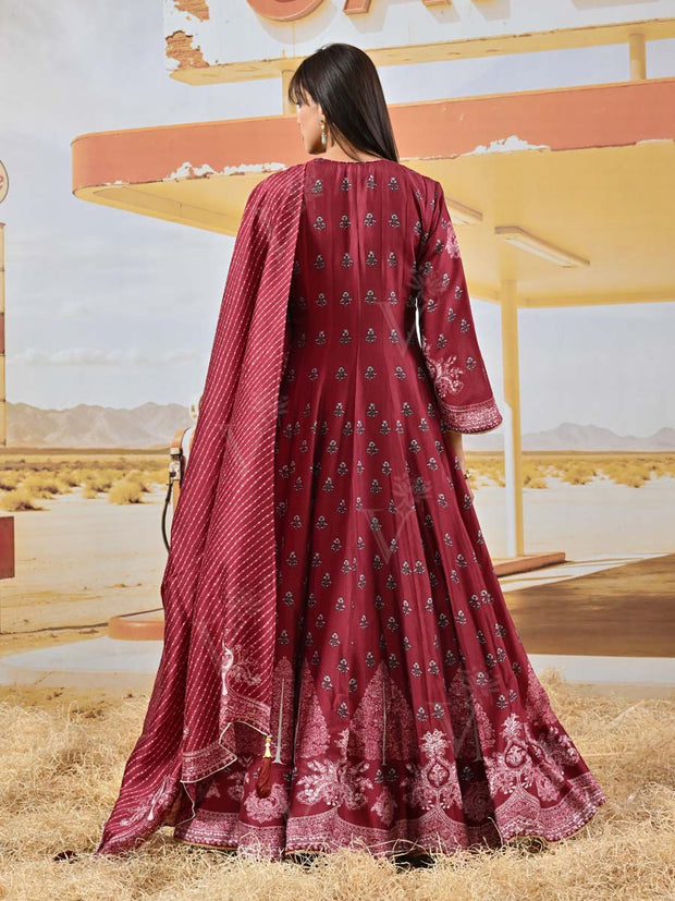 Maroon Vasansi Silk Printed Anarkali Gown