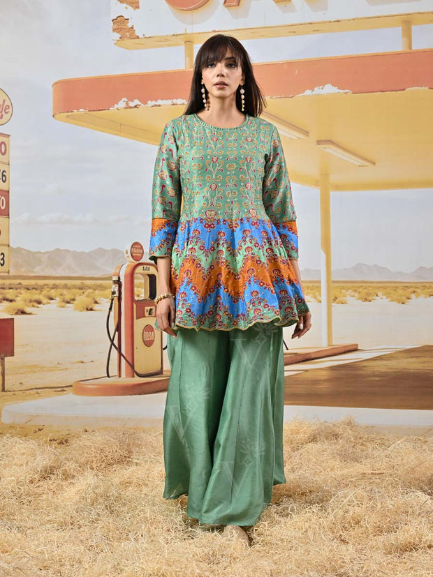 Green Vasansi Silk Embroidered Peplum and Palazzo Set