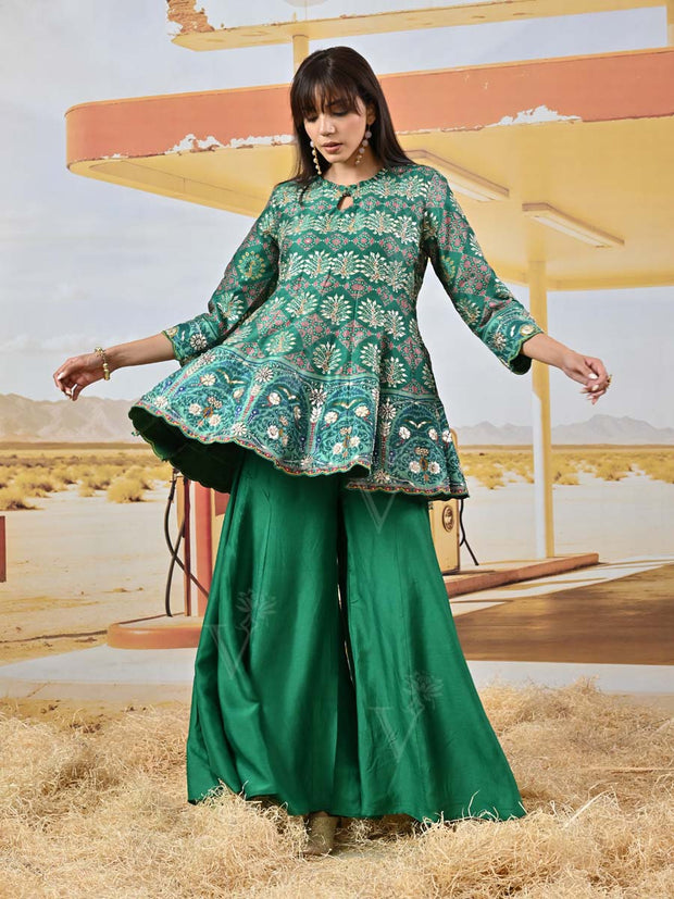 Green Vasansi Silk Embroidered Peplum and Palazzo Set