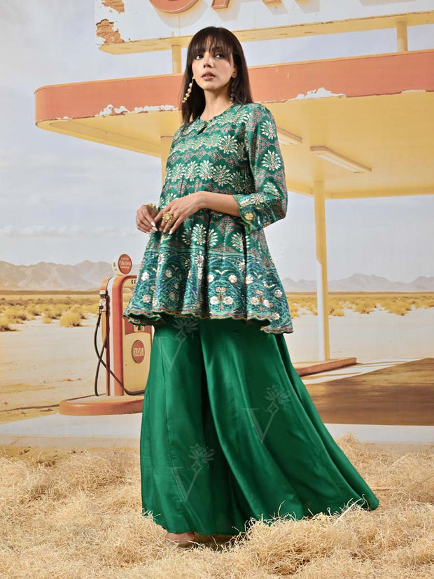 Green Vasansi Silk Embroidered Peplum and Palazzo Set