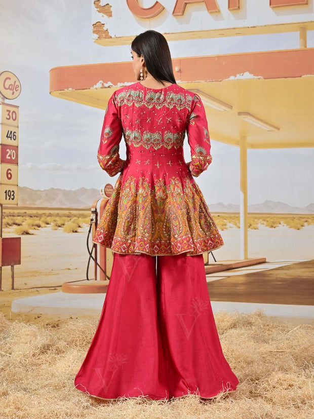 Red Vasansi Silk Embroidered Peplum and Palazzo Set