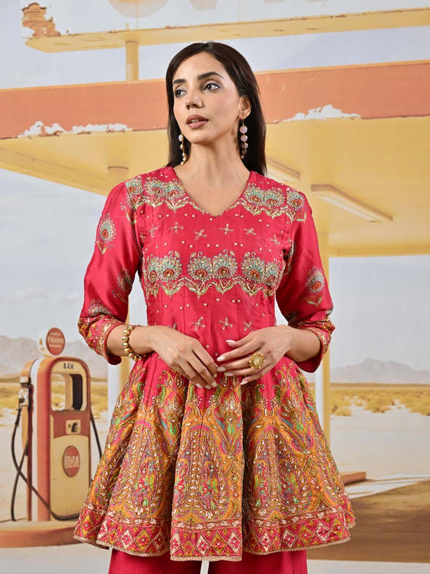 Red Vasansi Silk Embroidered Peplum and Palazzo Set