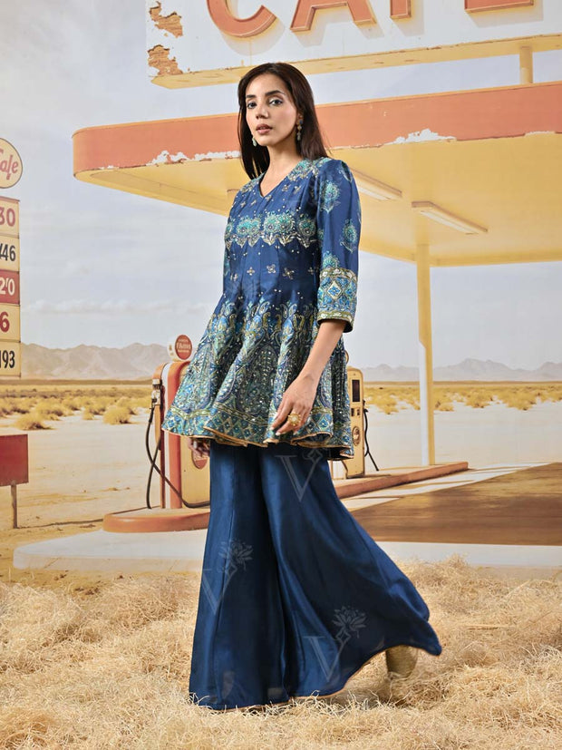 Blue Vasansi Silk Embroidered Peplum and Palazzo Set