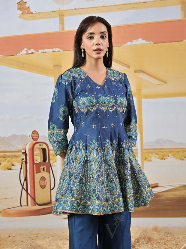 Blue Vasansi Silk Embroidered Peplum and Palazzo Set