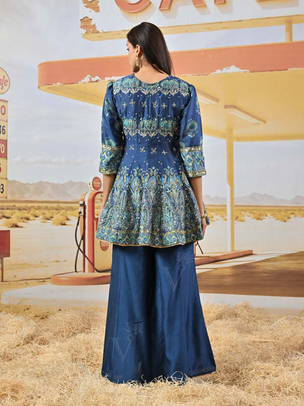Blue Vasansi Silk Embroidered Peplum and Palazzo Set