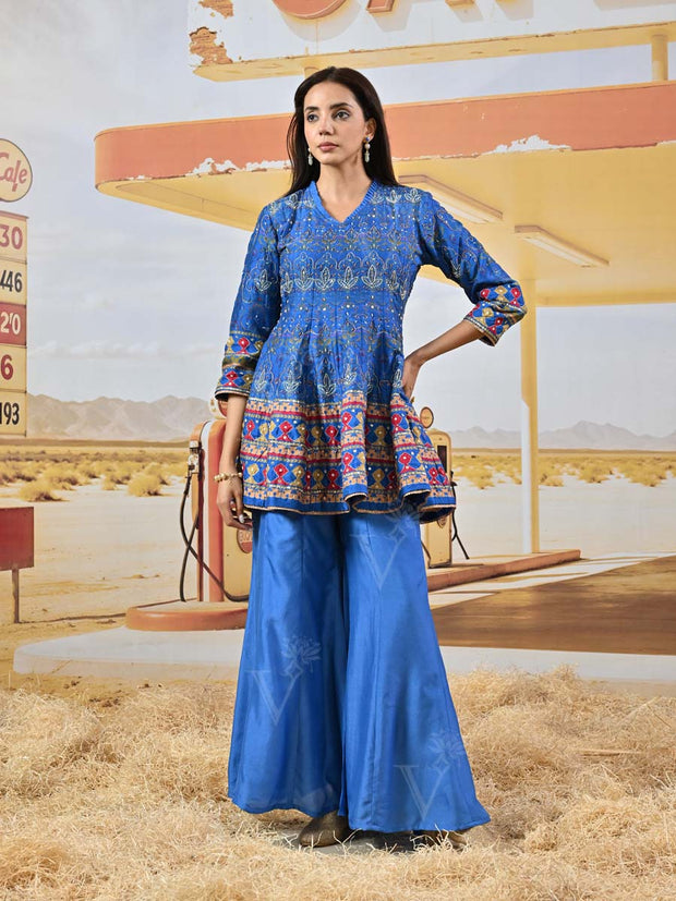 Blue Vasansi Silk Embroidered Peplum and Palazzo Set