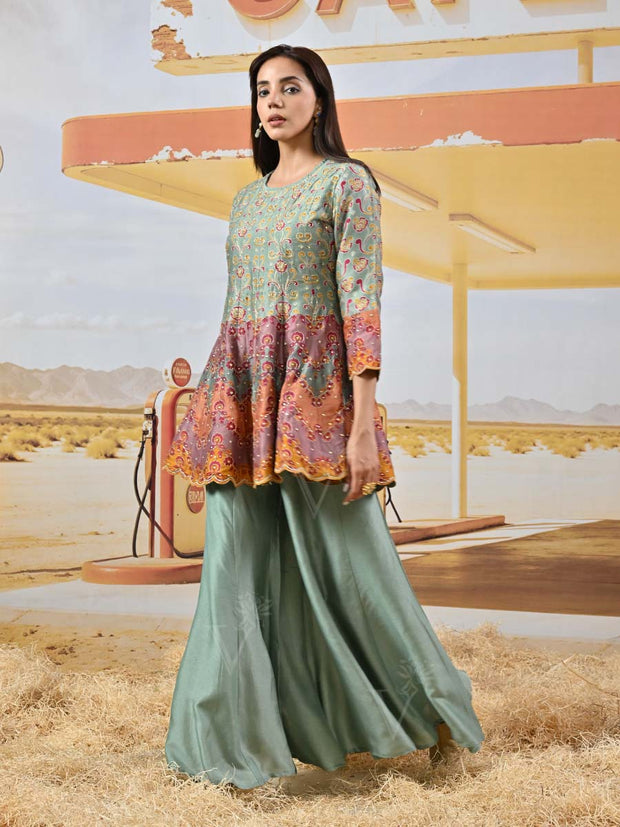 Green Vasansi Silk Embroidered Peplum and Palazzo Set