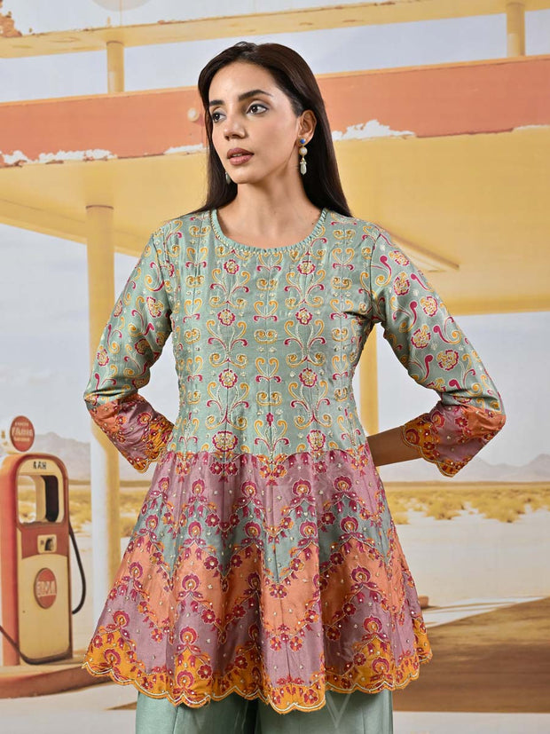 Green Vasansi Silk Embroidered Peplum and Palazzo Set