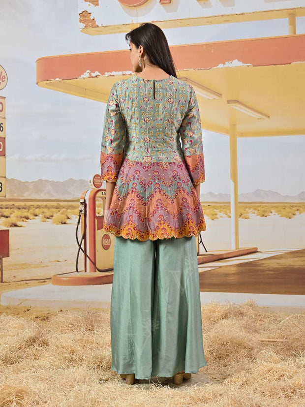 Green Vasansi Silk Embroidered Peplum and Palazzo Set