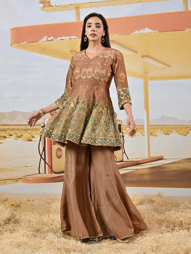 Brown Vasansi Silk Embroidered Peplum and Palazzo Set