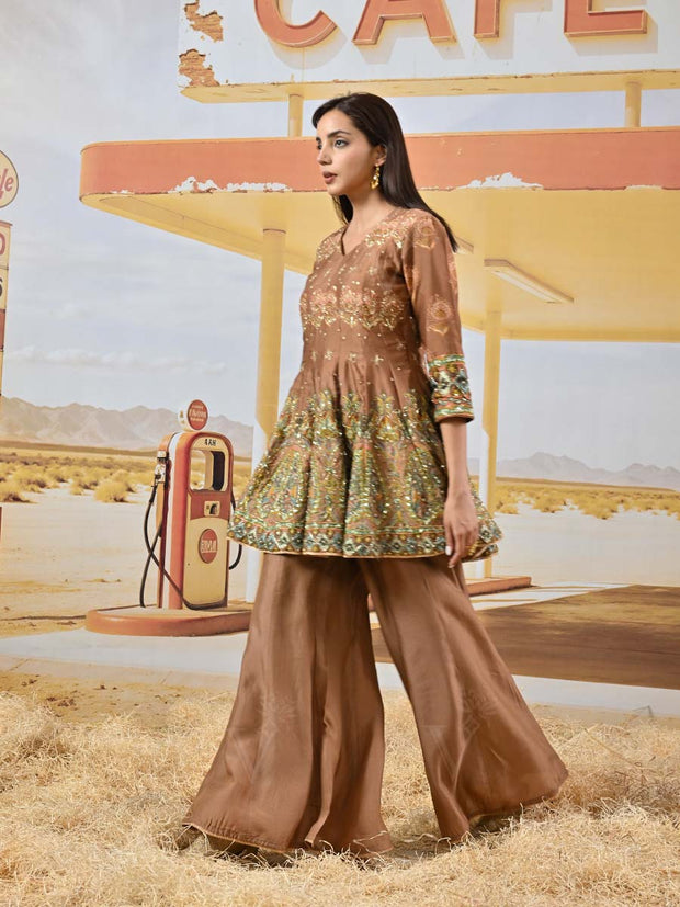 Brown Vasansi Silk Embroidered Peplum and Palazzo Set