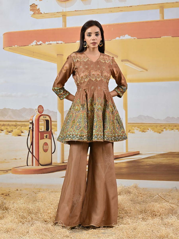 Brown Vasansi Silk Embroidered Peplum and Palazzo Set