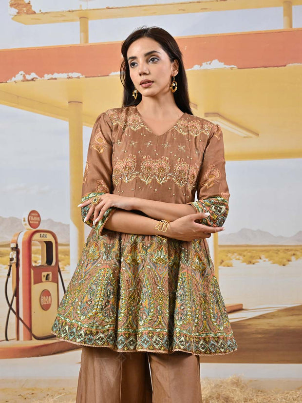 Brown Vasansi Silk Embroidered Peplum and Palazzo Set