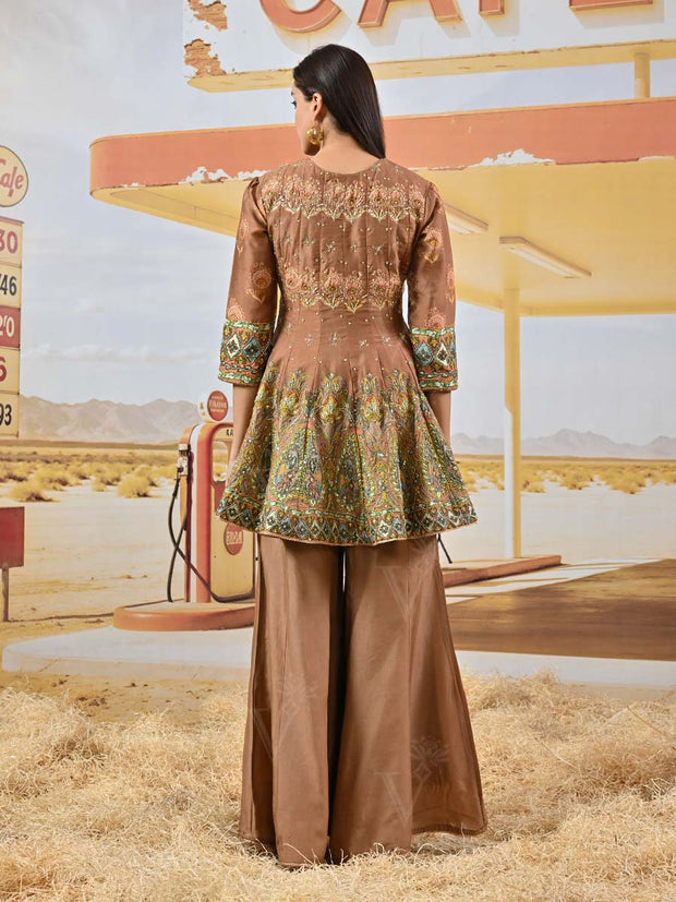 Brown Vasansi Silk Embroidered Peplum and Palazzo Set