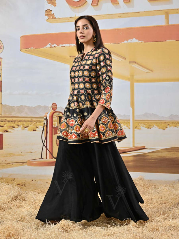 Black Vasansi Silk Embroidered Peplum and Palazzo Set