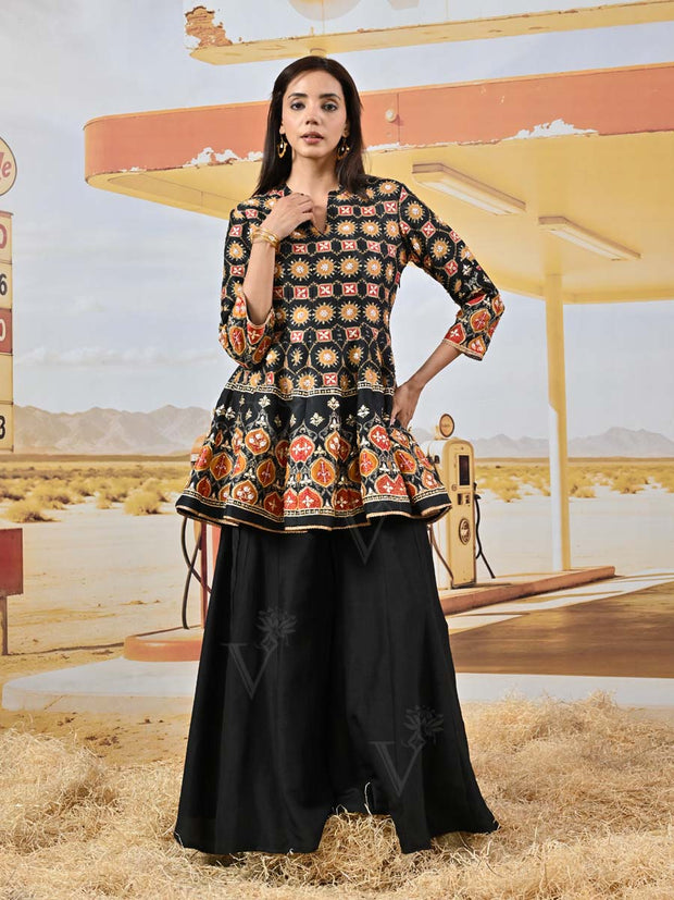 Black Vasansi Silk Embroidered Peplum and Palazzo Set