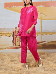 Pink Embroidered Organza Co Ord Set