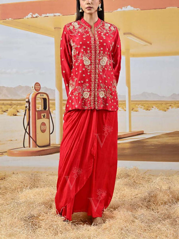 Red Embroidered Jacket and Drape Skirt Set