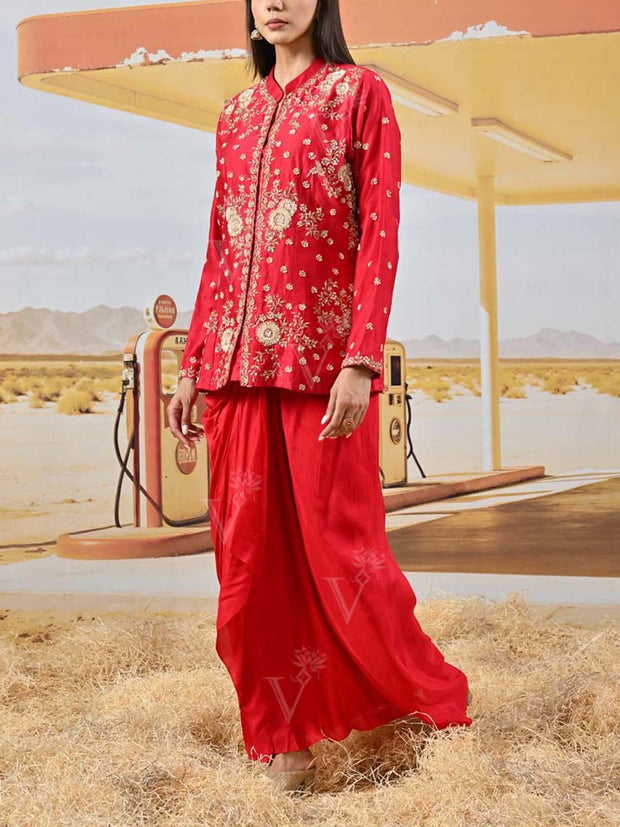 Red Embroidered Jacket and Drape Skirt Set