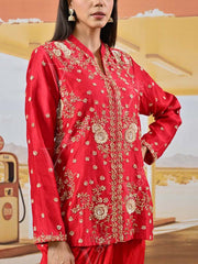 Red Embroidered Jacket and Drape Skirt Set