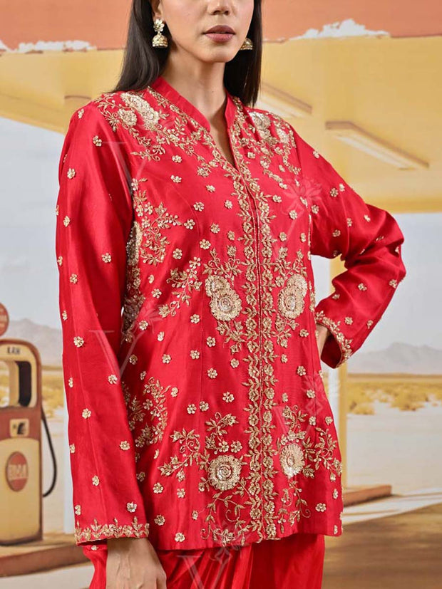 Red Embroidered Jacket and Drape Skirt Set