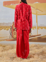 Red Embroidered Jacket and Drape Skirt Set