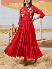 Red Organza Embroidered Gown