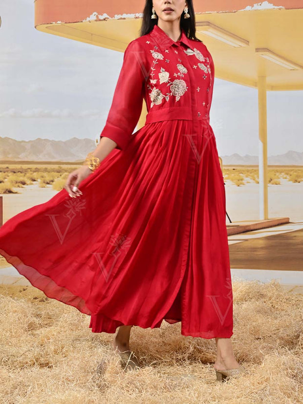 Red Organza Embroidered Gown