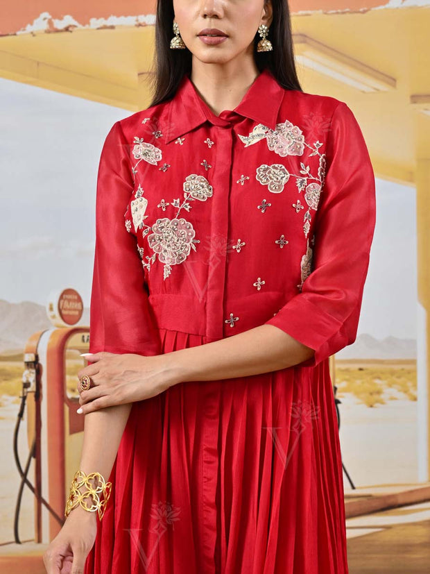 Red Organza Embroidered Gown