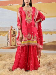 Pink Satin Silk Embroidered Kurta and Garara Set